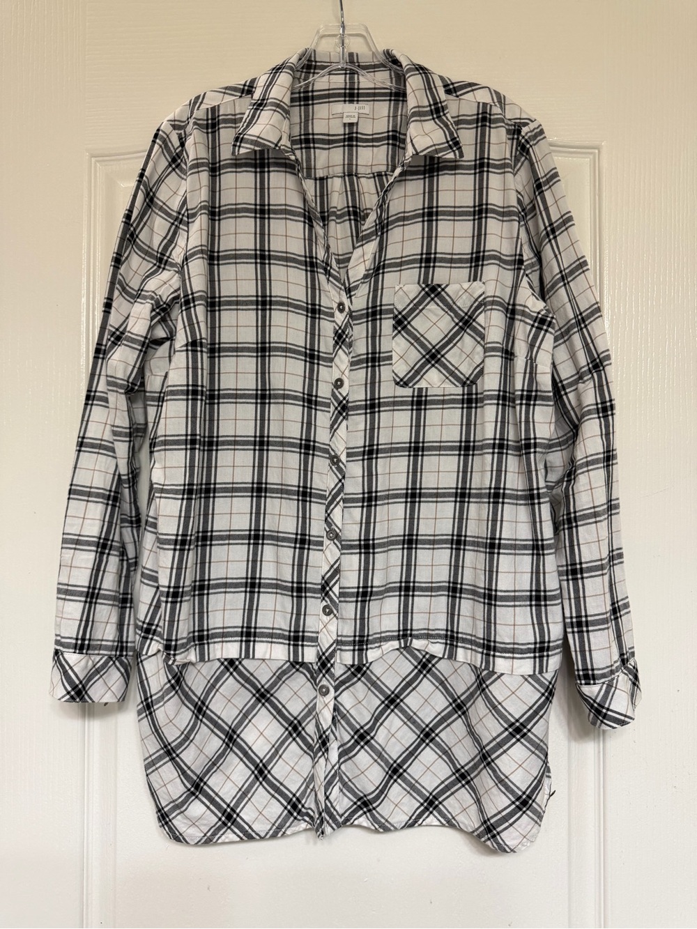 J.Jill White Black Plaid Layered Hem Button Down Shirt Tunic Cotton Oversized L